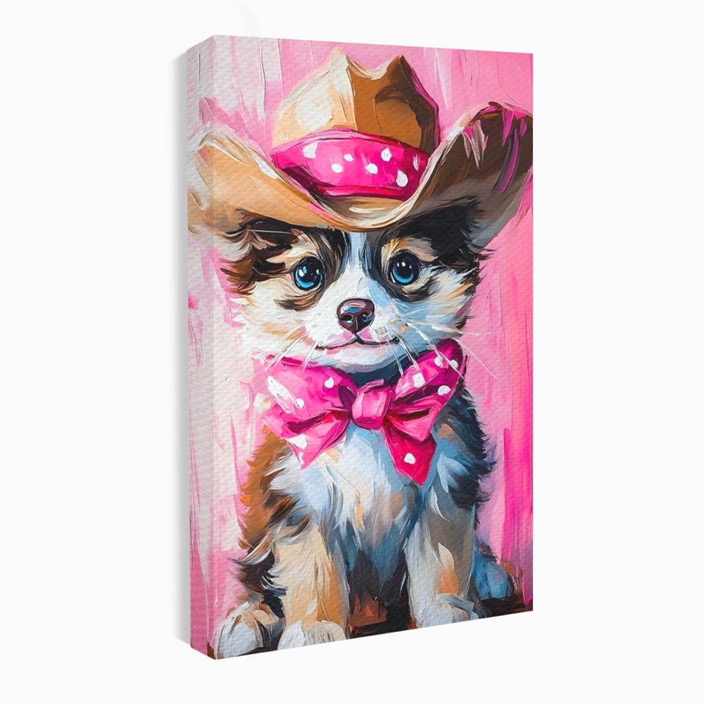 Tablou canvas cu tablou canvas cu catelus cowboy, fara rama, pe sasiu de lemn